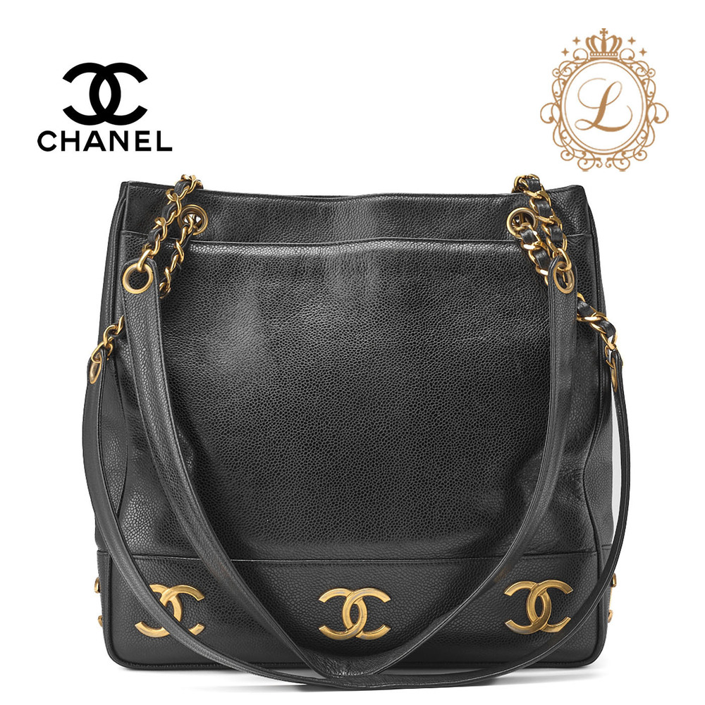 Chanel Triple Coco Tote Bag Double Chain Shoulder Strap Black Caviar
